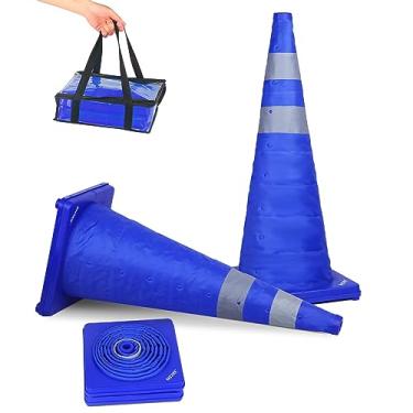Imagem de BATTIFE [Pacote com 2] Cones de Segurança de Trânsito Dobráveis de 28", Cones Pop-Up Multiuso e Colar Refletivo, para Estacionamento Em Estradas, Prática de Direção (Azul)