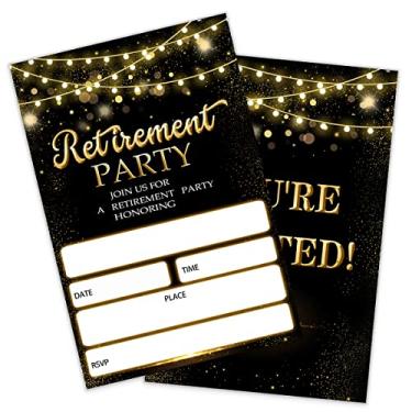 Imagem de Convites de festa de aposentadoria, cartões de convites brilhantes em ouro branco preto, para homens e mulheres, decoração de festa de aposentadoria, suprimentos (20 convites + envelopes)