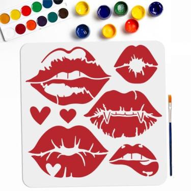 Imagem de MAYJOYDIY Estêncil labial beijo lábios DIY estêncil 11,8 × 11,20 cm grande amor lábios batom boca estêncil com pincel de tinta, modelos de impressão labial feminina reutilizável para decoração de