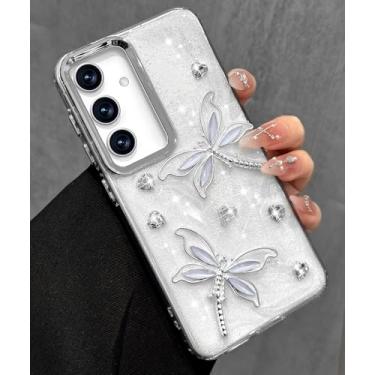 Imagem de Toycamp Capa feminina para Samsung Galaxy S24 - Capa de telefone feminina fofa para Samsung S24 Kawaii Estética bonita exclusiva Glitter Bling Sparkle Wave Design Funda para S 24, libélula