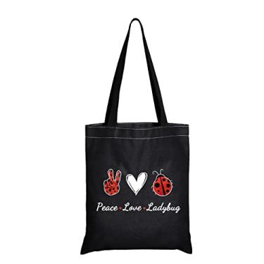 Imagem de JXGZSO Bolsa de maquiagem com símbolo de joaninha boa sorte com zíper presentes para mulheres paz amor joaninha bolsa cosmética, Peace Love Ladybug shopping preto, 14.6 x 12.9 x 6.7 inches