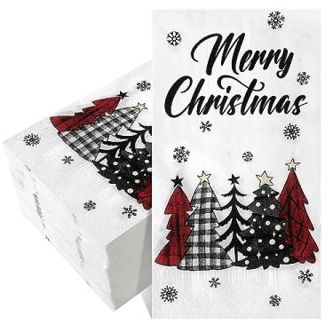 Imagem de Cholemy 200 guardanapos de Natal para convidados de Natal, guardanapos de papel descartáveis de 2 camadas, árvore de Natal, bola de Natal, preto, design de Papai Noel, guardanapos de mão para cozinha