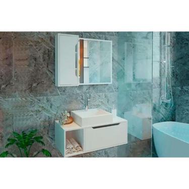Imagem de Balcão p/ Banheiro Suspenso BN3644 e c/ Rodízios BN3643 80cm e Armário c/ Espelho BN3645 80cm Branco - Tecno Mobili