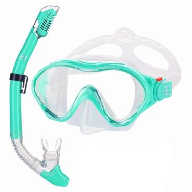 Imagem de Conjunto de snorkel infantil, equipamento de snorkel HHAO, esportivo, seco, antivazamento, resistente a impactos, vidro temperado panorâmico, fácil de respirar, embalagens de snorkeling, equipamento de liberação para meninos e meninas, Kids-Snorkel-Set-Green