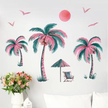 Imagem de Adesivos de parede de praia de palmeira 480 Yovkky com planta tropical, coqueiro, pôr do sol, cadeira de sala de estar, decoração de quarto, gaivota, Havaí, decoração de cozinha, arte