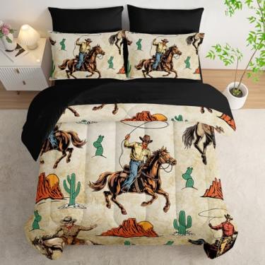 Imagem de AILONEN Jogo de edredom caubói ocidental tamanho casal, 7 peças, rodeio cowboy montando touro com cactos, cama estilo ocidental Ranch Jomon, lençol com elástico, lençol de cima e 2 fronhas, microfibra