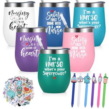 Imagem de Lifecapido 13 peças de presentes da semana dos enfermeiros, copos de vinho isolados de 340 g com adesivos e canetas, presentes de aniversário de formatura e Natal para enfermeiras