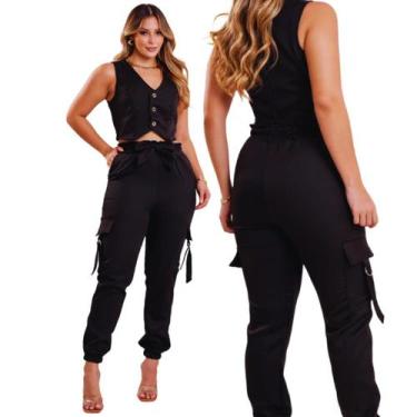 Imagem de Conjunto Alfaiataria Feminino Calça e Cropped Colete Social Blusa Plus