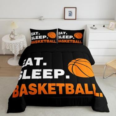 Imagem de Feelyou Jogo de cama casal de basquete, esportivo, para crianças, meninos e meninas, preto e laranja, presente para primo, cama de microfibra com 1 edredom, 2 fronhas de quarto