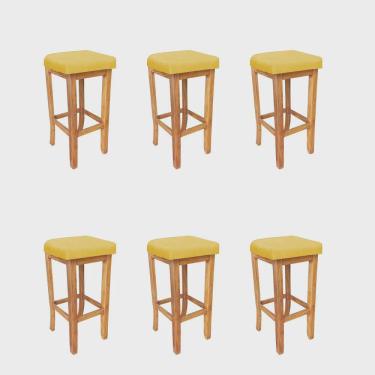 Imagem de Kit 06 Banqueta Alta Ben Gourmet Balcão Bistrô Cozinha Base Madeira Maciça Corino Amarelo - Ahz Móveis