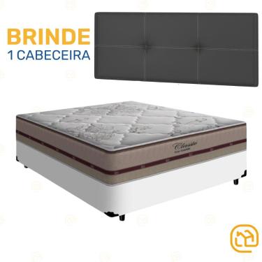 Imagem de Box Casal Branca + Cabeceira Painel Iris Preta + Colchão Classic Molas Ensacadas 138cm