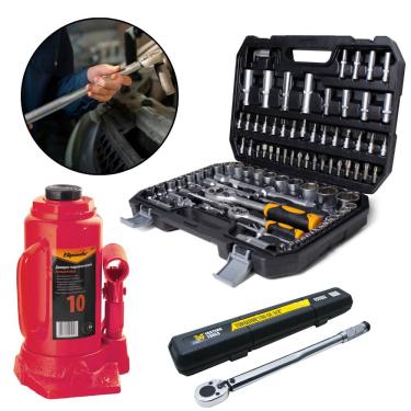 Imagem de Macaco Hidraulico Garrafa 10 Ton Com Jogo de Soquete 94 Pcs e Torquimetro de Estalo Fasterr