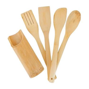 Imagem de Conjunto Talheres Bambu 5 Peças Pau Colher Garfo Espátulas - belaHouse