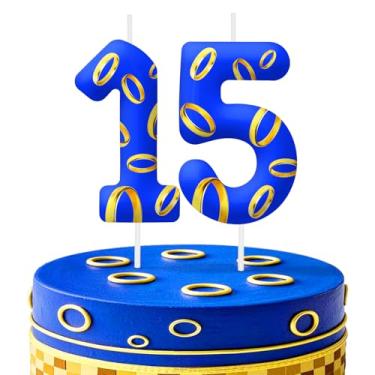 Imagem de Velas azuis com número de aniversário de 15 anos, decorações de topo de bolo de vela número 15 para festas temáticas de anéis azuis e dourados, velas de bolo de aniversário para meninos e meninas