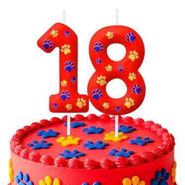 Imagem de Velas vermelhas de aniversário de 18 anos, decoração de bolo de aniversário para festa de patrulha com tema de pata de cachorro, vela de aniversário para amantes de cães para meninos e meninas