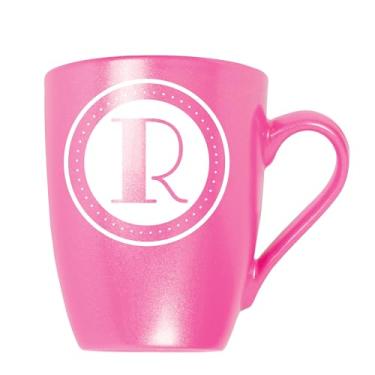 Imagem de Elanze Designs R Monograma Letra Inicial Círculo Bolinhas Gravado a Laser 283 g Cerâmica Brilhante Caneca de Café Clássica Copo de Bebida Quente Fria Cozinha Utensílios de Bebida, Rosa Metálico