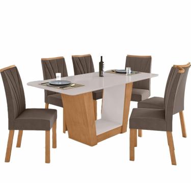 Imagem de Sala de Jantar Lopas Apogeu largura de 170 cm com 6 cadeiras estofadas Amendoa Clean off White