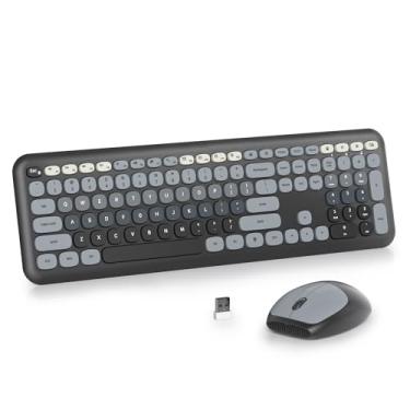 Imagem de iRoboosta Conjunto de teclado e mouse sem fio gradiente preto, teclado de máquina de escrever retrô de 2,4 GHz, teclado fofo de tamanho completo com teclado numérico, teclados silenciosos para casa e