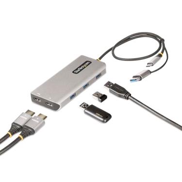 Imagem de StarTech.com Adaptador USB-C multiportas com adaptador USB-C para USB-A anexado, HDMI duplo (4K30Hz/1080p60Hz), 3X USB-A 5Gbps, mini dock de viagem, estação de ancoragem para laptop, cabo de 40 cm (167B-USBC-MULTIPORT)