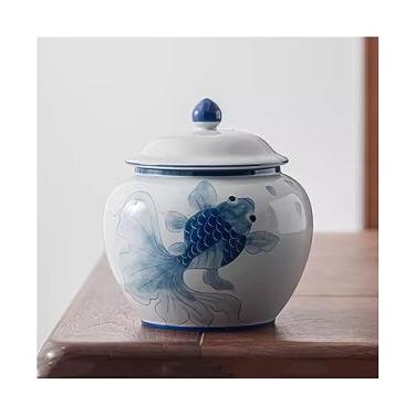 Imagem de Lata de Chá Vasilhas de chá Koi pintadas à mão sob o vidrado Frasco de vedação de cor Grandes vasilhas vazias chinesas multifuncionais para uso doméstico Lata de Chá(Blue,Pequeno)