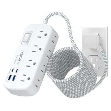 Imagem de navoltio Cabo De Extensão Plano 15 Pés Com Múltiplas Tomadas - Protetor Contra Surtos, Régua Energia, 8 Ca, 4 Usb (5 V/3,4 A, 17 W), 1080 Joules, Trançado, Montável Em Parede Para Casa, Escritório,