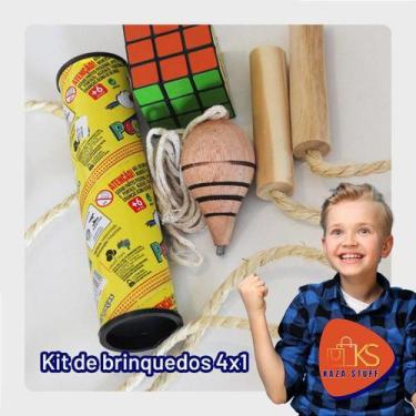 Imagem de Kit Brinquedos 4x1 - Pião, Cubo, jogo de varetas e pula corda - Kaza S