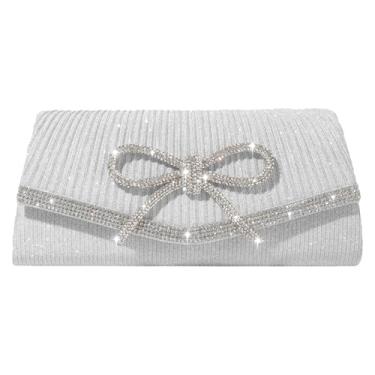 Imagem de SH Bolsa clutch com glitter para mulheres elegante com laço para noite e festa de casamento, coquetel, formatura, strass, Clutch prateada, 8.8" x 3.9" x 2"