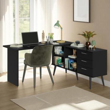 Imagem de Escrivaninha Mesa de Estudos De Canto 3 Gavetas Preto Lisboa Madesa, P