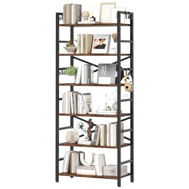 Imagem de Homeiju Estante de livros de 6 camadas com 8 ganchos, estante industrial, rack de armazenamento vintage com prateleiras abertas, estantes de livros rústicas com moldura de metal para sala de estar,