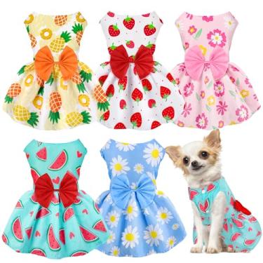 Imagem de Pacote com 5 roupas florais para meninas, verão, filhotes, princesas, laço, para cães pequenos, roupas fofas para meninos, meninas, animais de estimação, gatos, cães