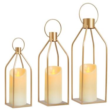 Imagem de Kehail Conjunto de 3 lanternas douradas (48 cm, 40 cm, 33 cm) com velas sem chama, lanternas decorativas modernas para casamento, centro de mesa, manto de lareira, interior e exterior em casa
