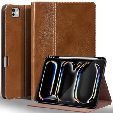 Imagem de Gexmil Capa de couro genuíno para iPad Pro de 13 polegadas M4 2024 com suporte para lápis, capa protetora à prova de choque de couro inteligente, suporte ajustável, hibernar/despertar automático