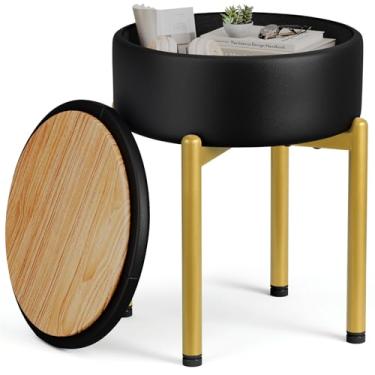 Imagem de Memobarco Banqueta de couro de 45 cm com armazenamento, banco de vaidade com 4 pernas de metal dourado e pés ajustáveis antiderrapantes, banco otomano de armazenamento redondo com assento acolchoado