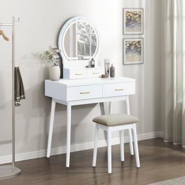 Imagem de Lexicon Mesa de penteadeira moderna com espelho, luzes LED, 3 modos de iluminação, conjunto de mesa de maquiagem pequeno com 4 gavetas e banco acolchoado, iluminação ajustável para quarto, branca