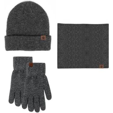Imagem de Conjunto De Chapéu, Cachecol E Luvas 3 Em 1 Conjunto De Inverno Elástico Forro Engrossado Gorro De Malha Aquecedor De Pescoço Luvas De Tela Sensível Ao Toque, Dark Grey, A