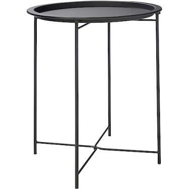 Imagem de Mesa lateral dobrável de metal preta moderna com bandeja removível – ideal para uso interno e externo