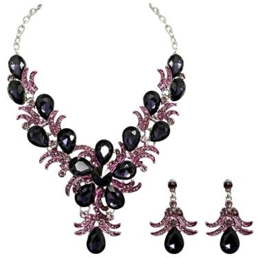 Imagem de MMonesu Conjunto de joias femininas com strass, forma de folha de cristal, gargantilha, colar de lágrima, conjunto de brincos pendentes para festa de formatura de casamento, Large, Zinco, Zircão