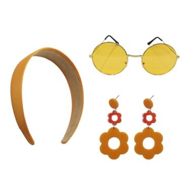 Imagem de VIGUEUR Conjunto de fantasia hippie dos anos 70 para mulheres, tiara de discoteca retrô, brincos, óculos de sol, roupa de festa de Halloween, laranja