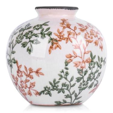 Imagem de Vaso redondo vintage verde e branco marrom, vaso floral verde de porcelana chinoiserie, vasos de flores de cerâmica moderna de meados do século para buquê e decoração de mesa de jantar rústica de casa