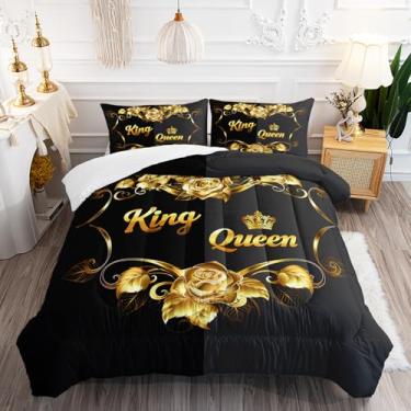 Imagem de AILONEN Conjunto de edredom com coroa de rei e rainha, tamanho Queen, estampa de flor rosa dourada para meninas e adolescentes, conjunto de edredom preto e cinza para decoração de quarto, 3 peças, 1