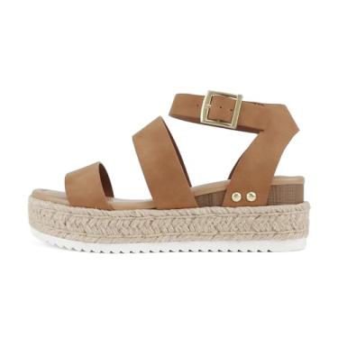 Imagem de Soda Top Shoe Bryce bico aberto fivela tira no tornozelo alpargatas flatform Wedge Casual Sanda, Bronzeado, 35