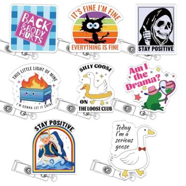 Imagem de 8 peças engraçadas carretel de crachá retrátil acessórios de enfermeira divertidos cuidados de saúde bonito suporte de crachá de enfermagem médica gato ganso bobo, clipe de crachá de fogo médico