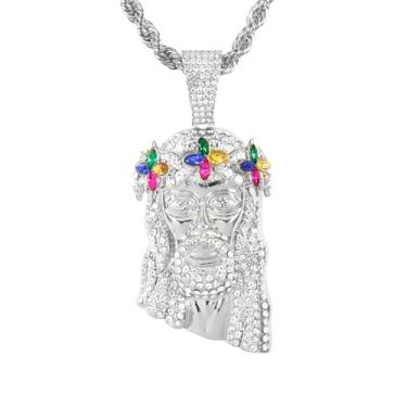 Imagem de ICE STAR Colar masculino com pingente de Jesus com coroa floral congelada com corrente de corda de 61 cm - Joias hip-hop com cristais simulados, 24-INCHES, Zinco, Zircônia cúbica