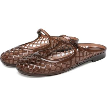 Imagem de MAVMAX Sandálias femininas transparentes Mary Jane Mules respirável bico fechado sem cadarço verão sem cadarço de malha para mulheres, Marrom, 8.5