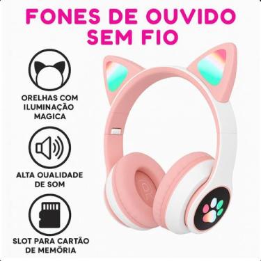 Imagem de Fone Rosa Infantil Bluetooth LED Orelha de Gato Ajustável - FAZA