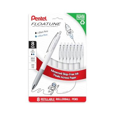 Imagem de Pentel Floatune esferográfica retrátil, ponta ousada de 1,0 mm, tinta preta e azul, sem plástico, pacote com 8 (BY210PF8AC)