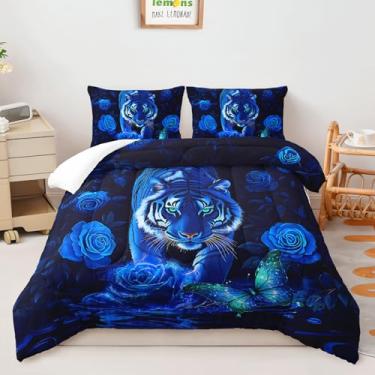 Imagem de AILONEN Conjunto de edredom queen de tigre azul, linda borboleta rosa, conjunto de edredom para meninas, 3 peças, flor azul e tigre selvagem com 2 fronhas