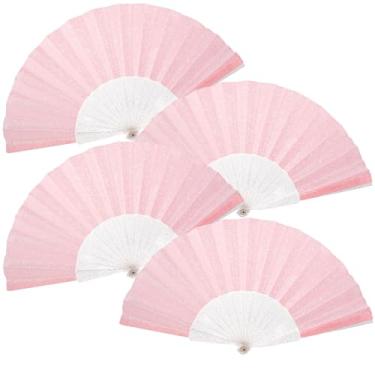 Imagem de SiissaPeksid Pacote com 4 leques de mão femininos com glitter e nervuras transparentes brilhantes – Ideal para casamento, igreja, festival, dança, festa de chá, clube e acessórios EDM, rosa