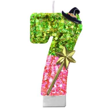 Imagem de Vela com número de aniversário com tema malvado – Vela de glitter rosa e verde com suporte para bolo | Decoração de festa mágica para meninas, adolescentes, fãs de teatro, amantes da Broadway
