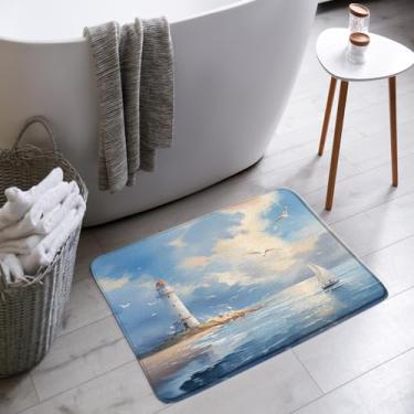 Imagem de ASVEAS Tapete de banho de farol náutico, veleiro, litoral, oceano, praia, gaivota, céu azul, nuvens brancas, banheira, tapetes para área de banho, decoração de banheiro (45,7 x 76 cm)